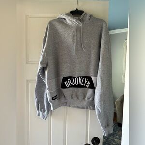 REFRIED Brooklyn‎ Graphic Hoodie Sweatshirt Gray Patch Pocket Casual Streetwear
